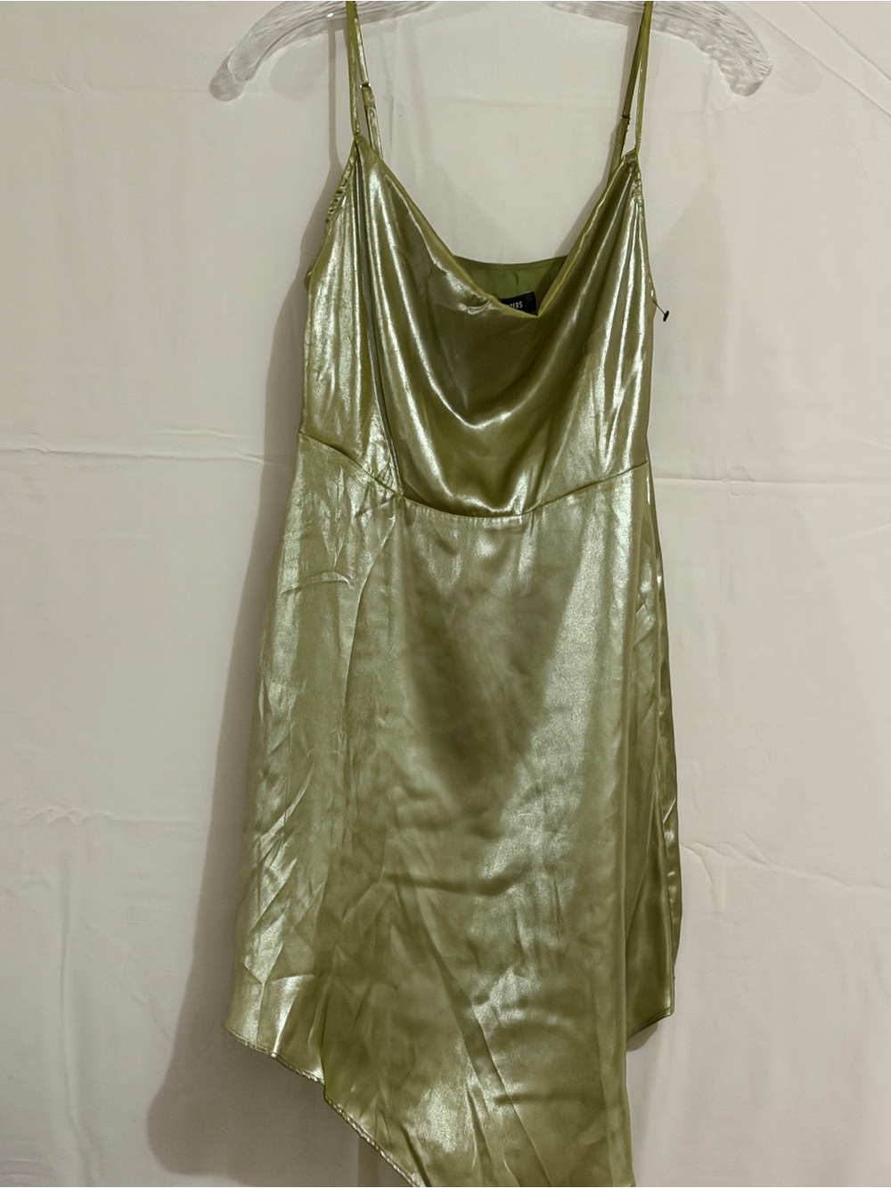 Urban Outfitters Satin Asymmetrical Slip Dress in Light Olive